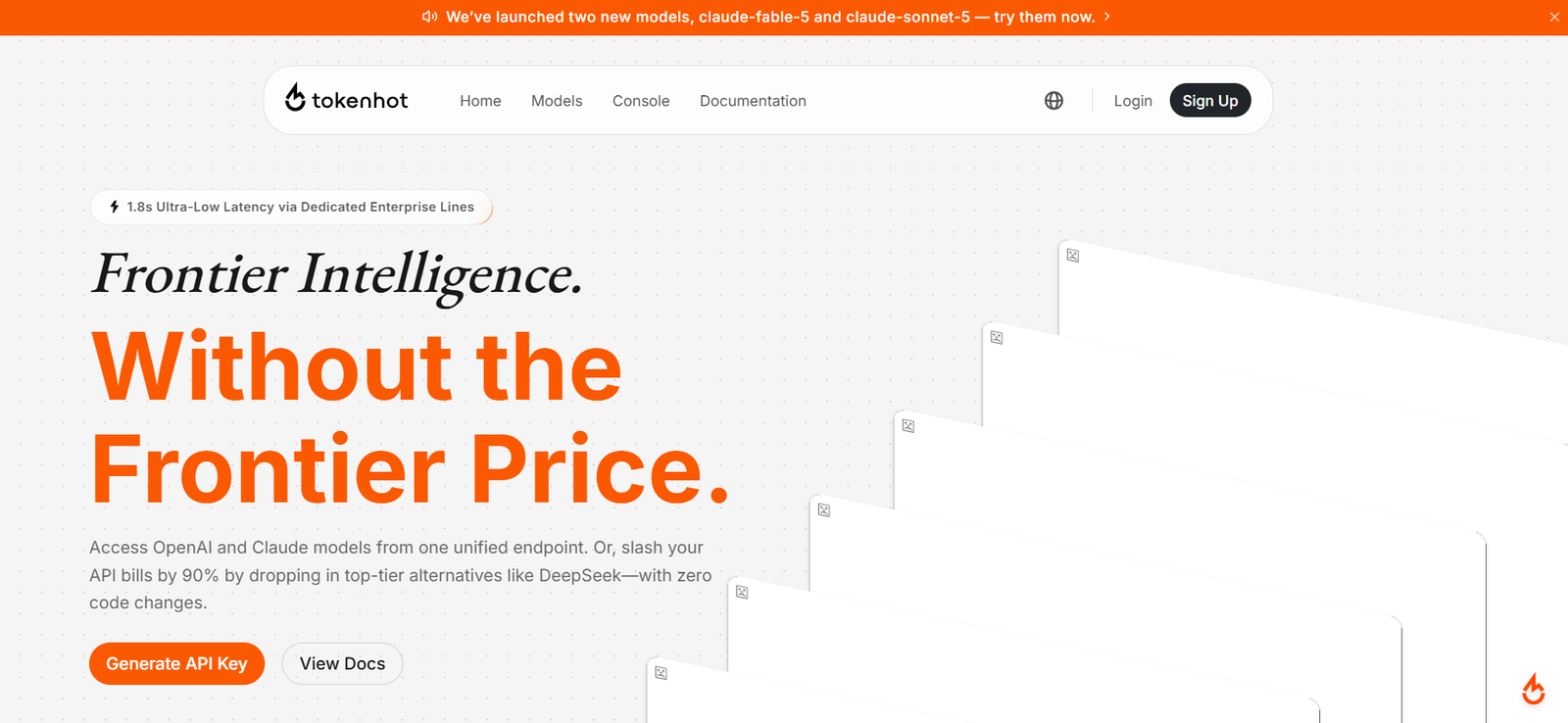 39 - Hero header for Tokenhot with navigation bar, orange announcement strip, and a large bold headline 'Frontier Intelligence. Without the Frontier Price.' on a dotted gray background, plus a prominent 'Generate API Key' button and 'View Docs' link.