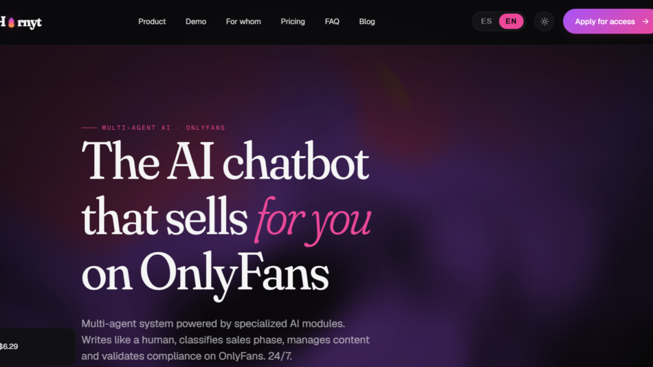 39 - Hero banner with headline 'The AI chatbot that sells for you on OnlyFans' over a purple-black gradient background and a dark navigation bar at the top (Apply for access button visible).