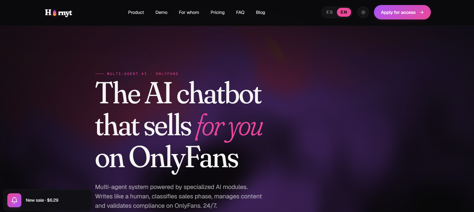 39 - Hero banner with headline 'The AI chatbot that sells for you on OnlyFans' over a purple-black gradient background and a dark navigation bar at the top (Apply for access button visible).
