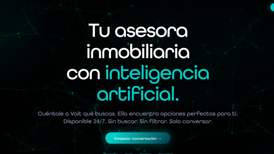 Hero con texto central: 'Tu asesor inmobiliario con inteligencia artificial' sobre fondo negro con red de líneas cyan; botón 'Empezar conversación' visible.