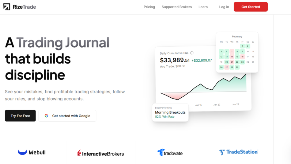 Hero header with the phrase 'A Trading Journal that builds discipline' and a subheading, plus floating analytics cards (P&L, chart, calendar) and action buttons 'Try For Free' and 'Get started with Google' on the left.