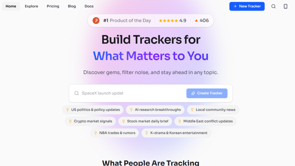 39 - Hero section with gradient purple-pink background, headline "Build Trackers for What Matters to You" and subtitle, search bar labeled 'SpaceX launch update', and a blue 'Create Tracker' button with topic chips below