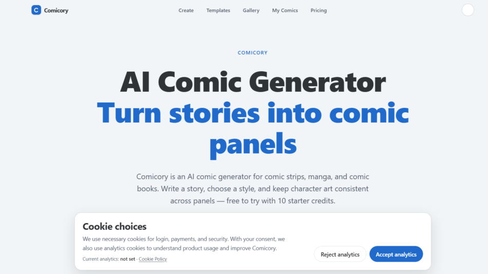 Comicy homepage hero: large bold title 'AI Comic Generator' with blue subheading 'Turn stories into comic panels' and a top navigation bar