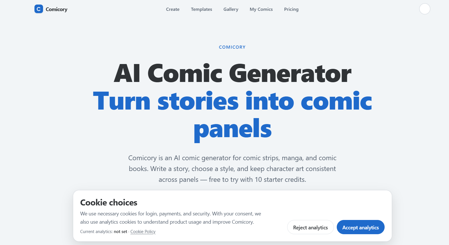 39 - Comicy homepage hero: large bold title 'AI Comic Generator' with blue subheading 'Turn stories into comic panels' and a top navigation bar
