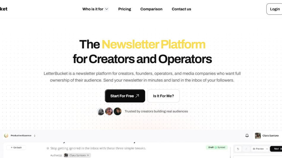 Hero banner for LetterBucket: bold headline 'The Newsletter Platform for Creators and Operators' with a dotted background and two call-to-action buttons, 'Start For Free' and 'Is It For Me?'