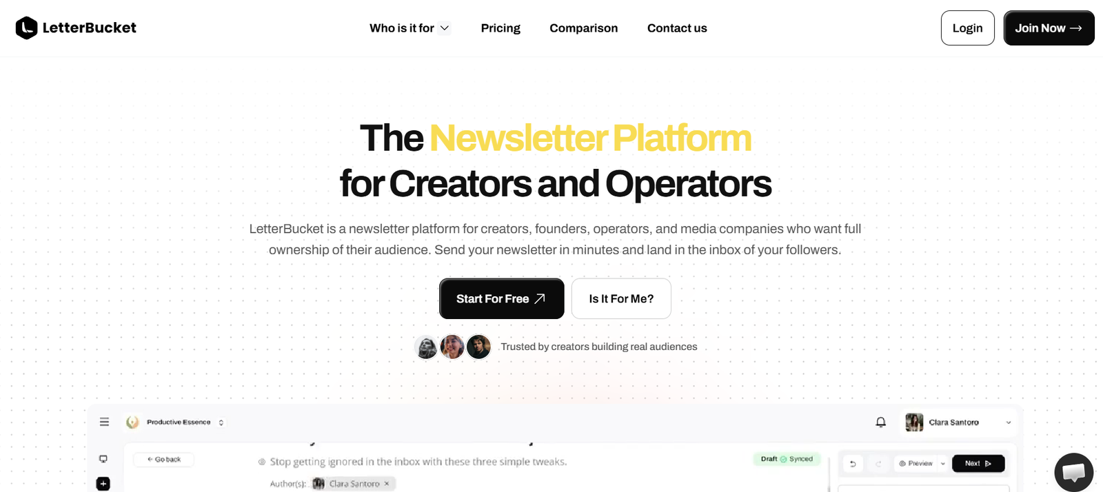 4 - Hero banner for LetterBucket: bold headline 'The Newsletter Platform for Creators and Operators' with a dotted background and two call-to-action buttons, 'Start For Free' and 'Is It For Me?'