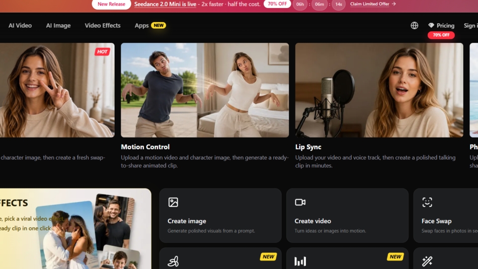 4 - Dark homepage grid showing four tools: Character Swap, Motion Control, Lip Sync, Photo Face Swap