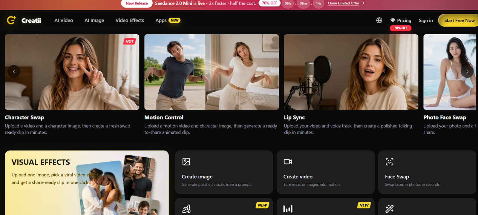 4 - Dark homepage grid showing four tools: Character Swap, Motion Control, Lip Sync, Photo Face Swap
