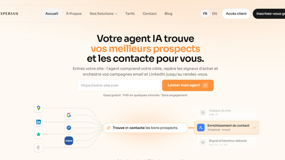 4 - Hero section for Prosperian: logo and navigation, main French headline about an AI agent finding and contacting leads, input URL field and orange 'Lancer mon agent' button, beige textured background with a bottom diagram of prospects.