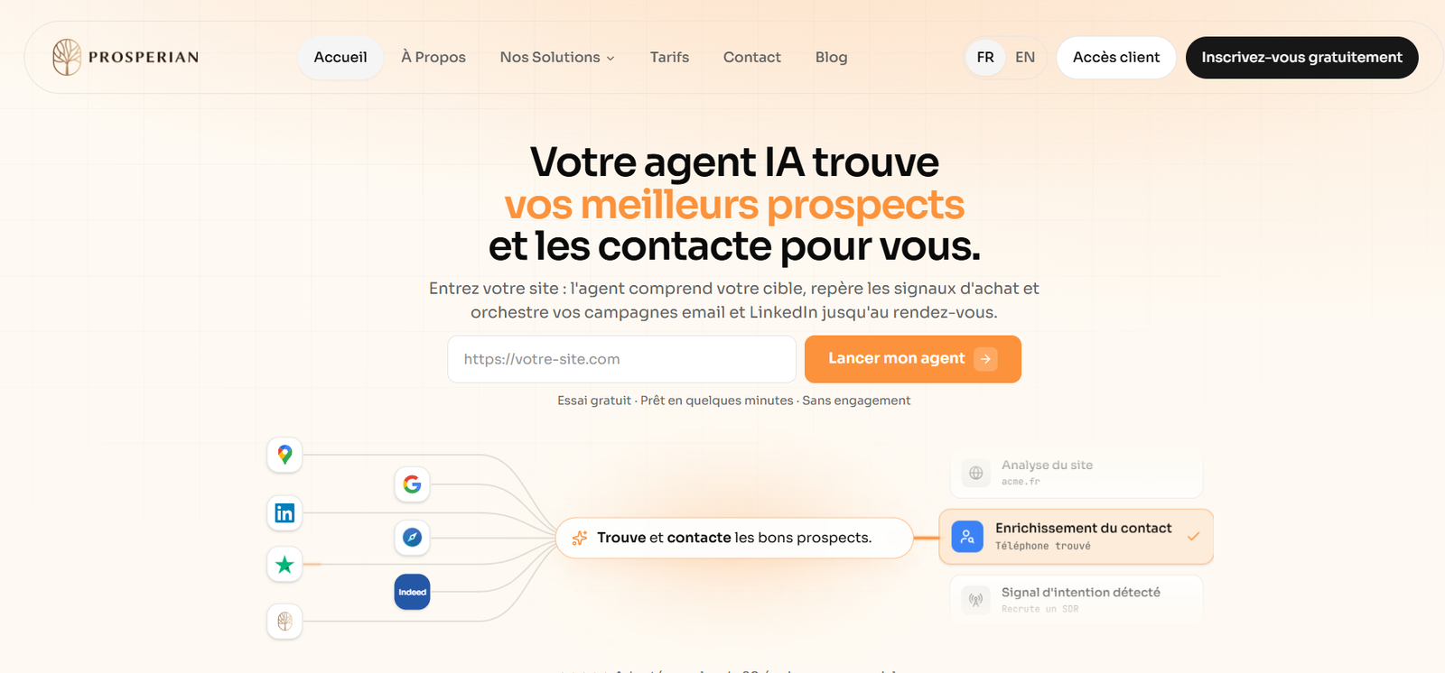 4 - Hero section for Prosperian: logo and navigation, main French headline about an AI agent finding and contacting leads, input URL field and orange 'Lancer mon agent' button, beige textured background with a bottom diagram of prospects.