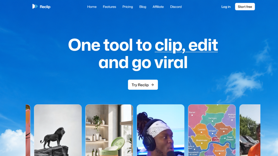 4 - Hero banner with a blue sky background, bold white headline 'One tool to clip, edit and go viral' and a white 'Try Reclip' button.