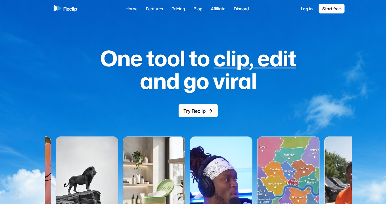 4 - Hero banner with a blue sky background, bold white headline 'One tool to clip, edit and go viral' and a white 'Try Reclip' button.