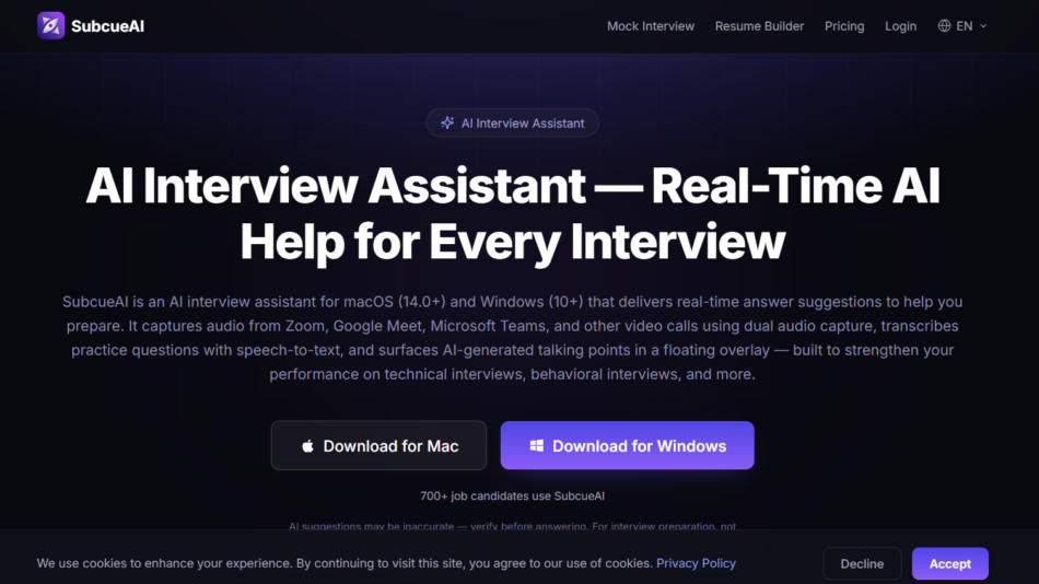 Hero banner for SubcueAI: large headline 'AI Interview Assistant — Real-Time AI Help for Every Interview' on a dark gradient background with download CTAs.
