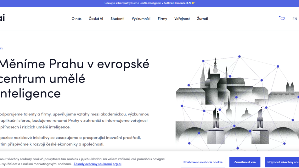 4 - Hlavní banner s textem 'Měníme Prahu v evropské centrum umělé inteligence' vedle ilustrace pražské siluety spojené modrými body a čarami.