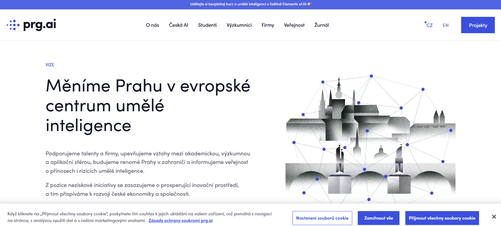 4 - Hlavní banner s textem 'Měníme Prahu v evropské centrum umělé inteligence' vedle ilustrace pražské siluety spojené modrými body a čarami.