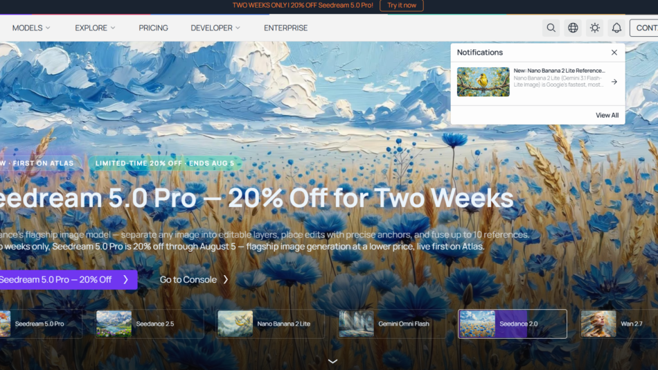 Atlas Cloud hero banner with a blue flower field; promotes Seedream 5.0 Pro — 20% off for two weeks.