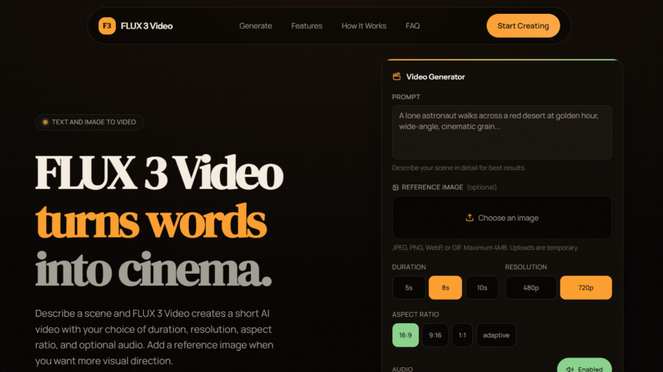 4 - Hero section of Flux3Video homepage with bold white and orange text: 'FLUX 3 Video turns words into cinema' on a dark grid background, navigation bar above and an orange 'Start Creating' button to the right.