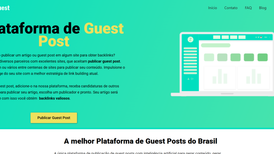 Hero banner for a guest post platform with large 'Plataforma de Guest Post' text, yellow 'Guest', CTA 'Publicar Guest Post', and a laptop illustration on a teal gradient background.