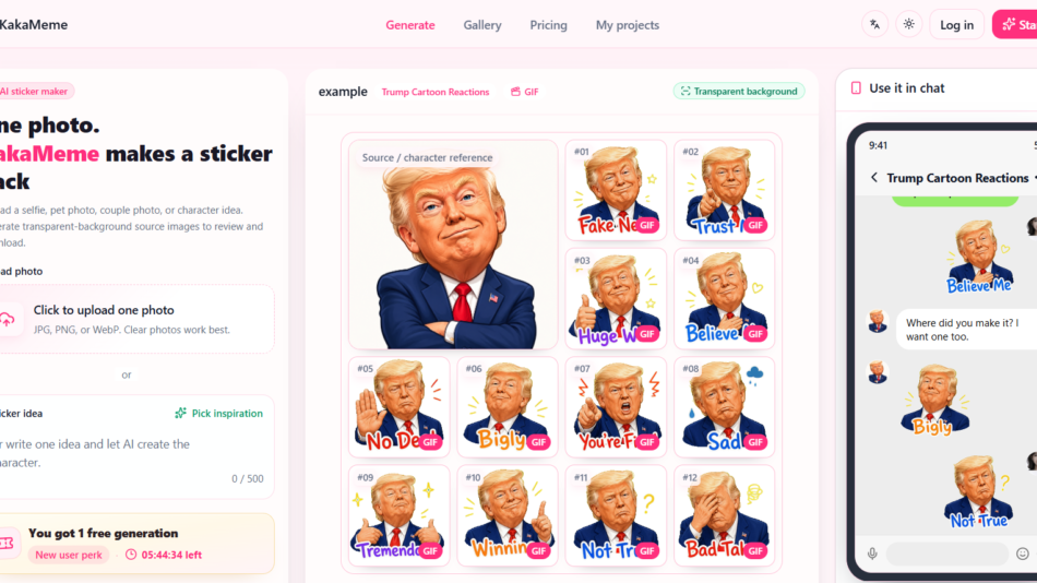 40 - KakaMeme UI: left panel invites upload for a sticker pack; center shows Trump cartoon reaction stickers grid; right shows a mobile chat mockup using the stickers