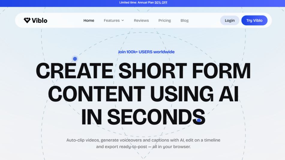 40 - Hero banner with bold headline 'CREATE SHORT FORM CONTENT USING AI IN SECONDS' on a light blue gradient background and top navigation bar above