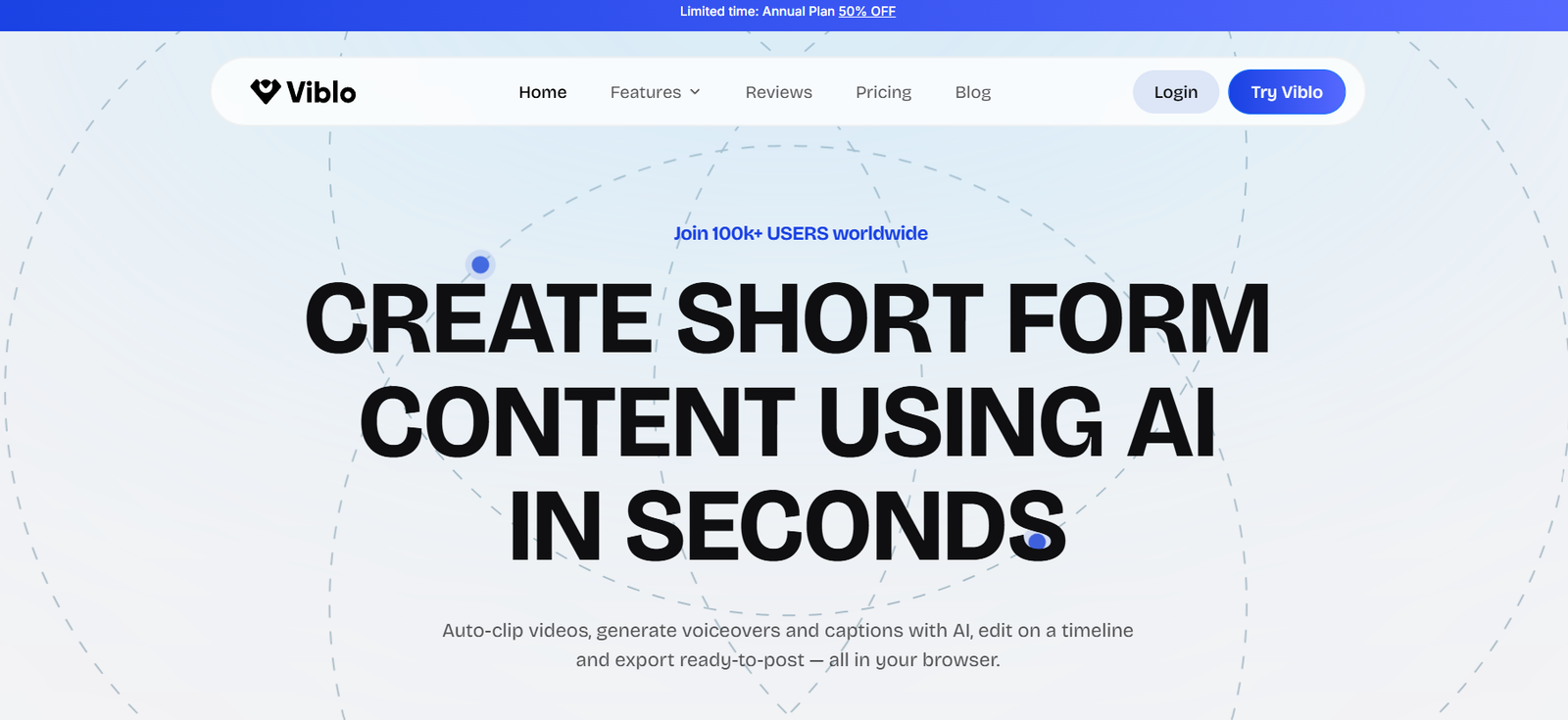 40 - Hero banner with bold headline 'CREATE SHORT FORM CONTENT USING AI IN SECONDS' on a light blue gradient background and top navigation bar above