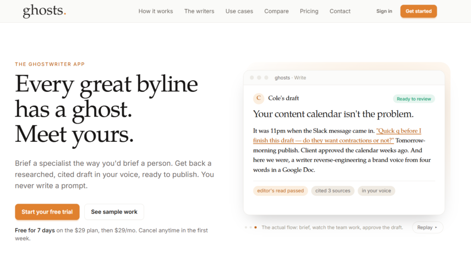 40 - Hero section for Ghosts:writer app showing large serif headline 'Every great byline has a ghost. Meet yours.' with supporting copy and a right-side mockup window of a draft in progress.