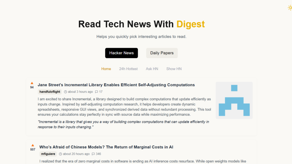 Hero section with large title 'Read Tech News With Digest', subtitle, and two buttons: Hacker News (black) and Daily Papers (beige).