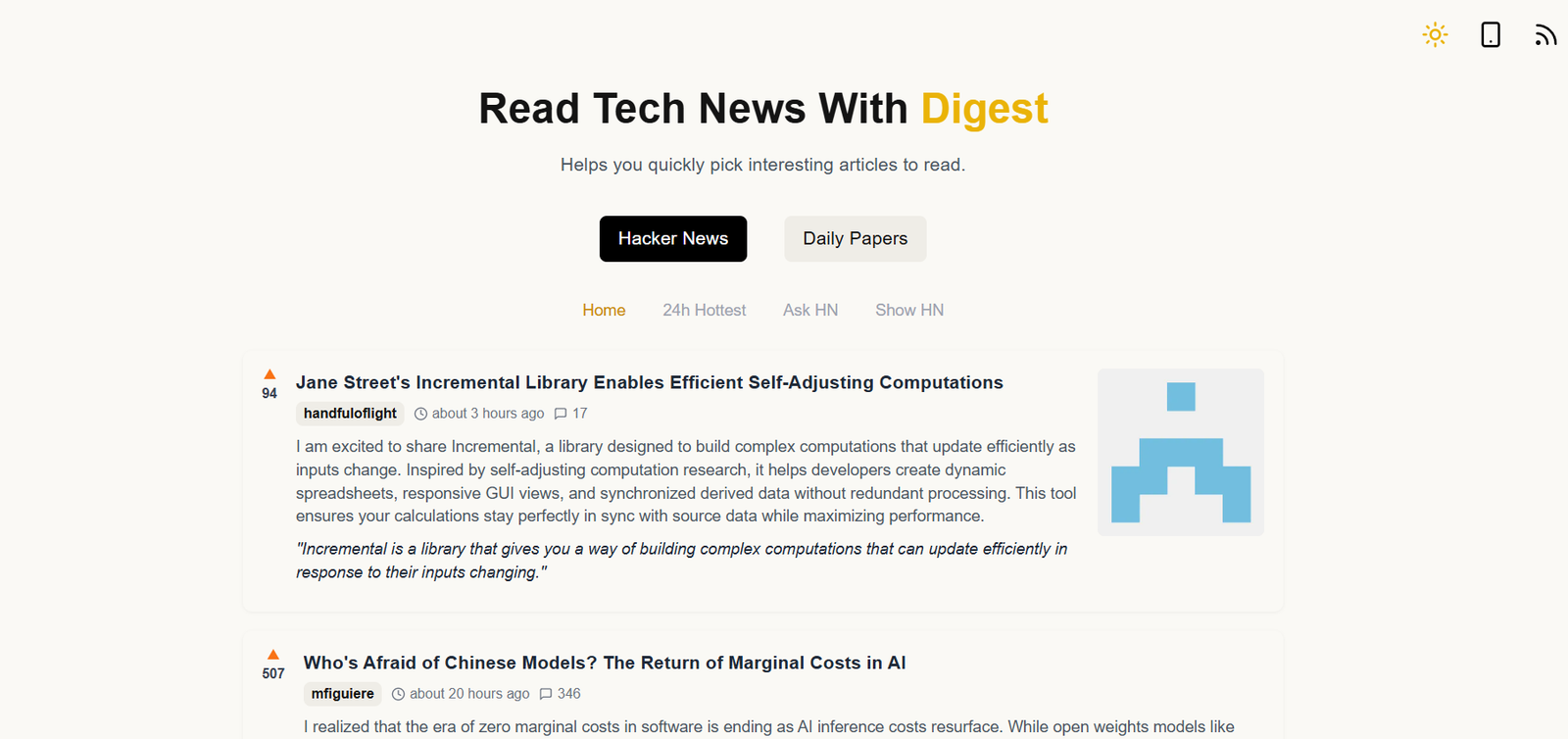 40 - Hero section with large title 'Read Tech News With Digest', subtitle, and two buttons: Hacker News (black) and Daily Papers (beige).