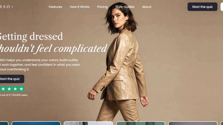 40 - Hero image: a woman in a tan leather suit walks across a tan background, accompanying the headline 'Getting dressed shouldn't feel complicated' and a 'Start the quiz' CTA on the left.
