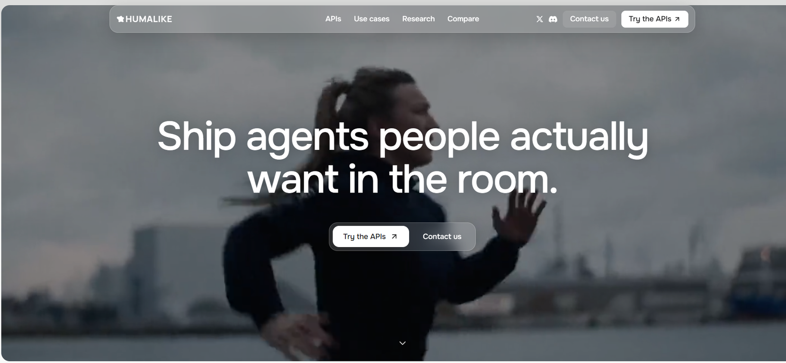 41 - Hero banner: a man running outdoors with a blurred cityscape; large headline reads 'Ship agents people actually want in the room.'