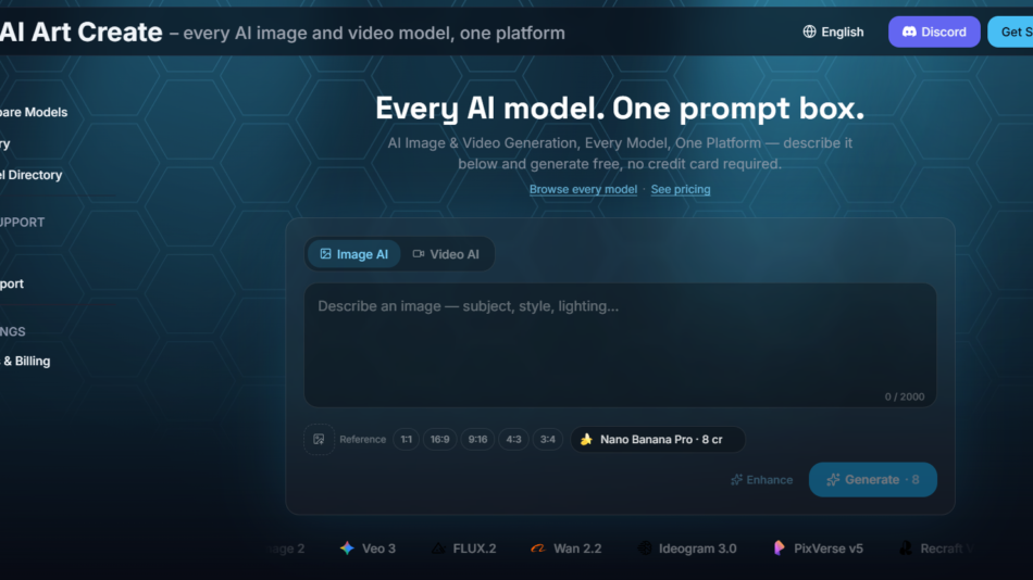 41 - Hero section of AI Art Create: dark hex-pattern background, left navigation, bold headline, and a central prompt input box for image generation.