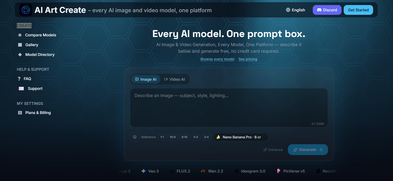 41 - Hero section of AI Art Create: dark hex-pattern background, left navigation, bold headline, and a central prompt input box for image generation.
