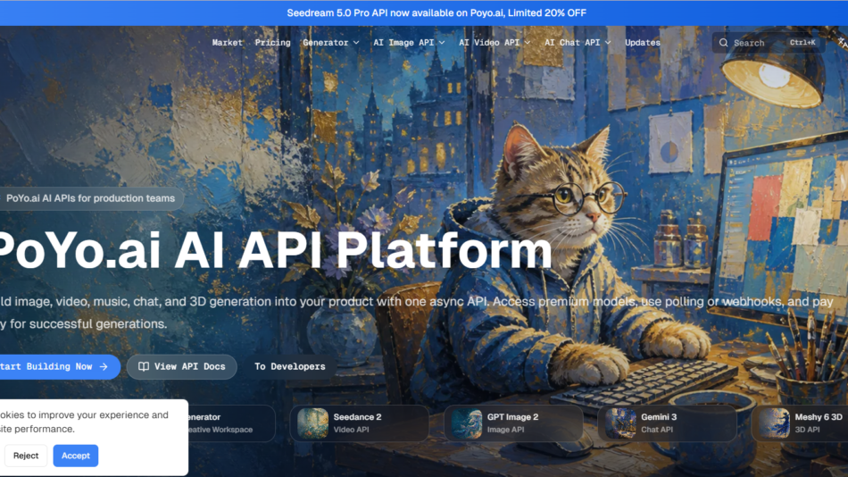 41 - Hero image for PoYo.ai AI API Platform showing a cat with glasses at a desk in a studio-like, art-filled workspace with a computer monitor in the background (bold title: PoYo.ai AI API Platform).