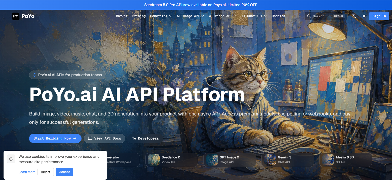 41 - Hero image for PoYo.ai AI API Platform showing a cat with glasses at a desk in a studio-like, art-filled workspace with a computer monitor in the background (bold title: PoYo.ai AI API Platform).