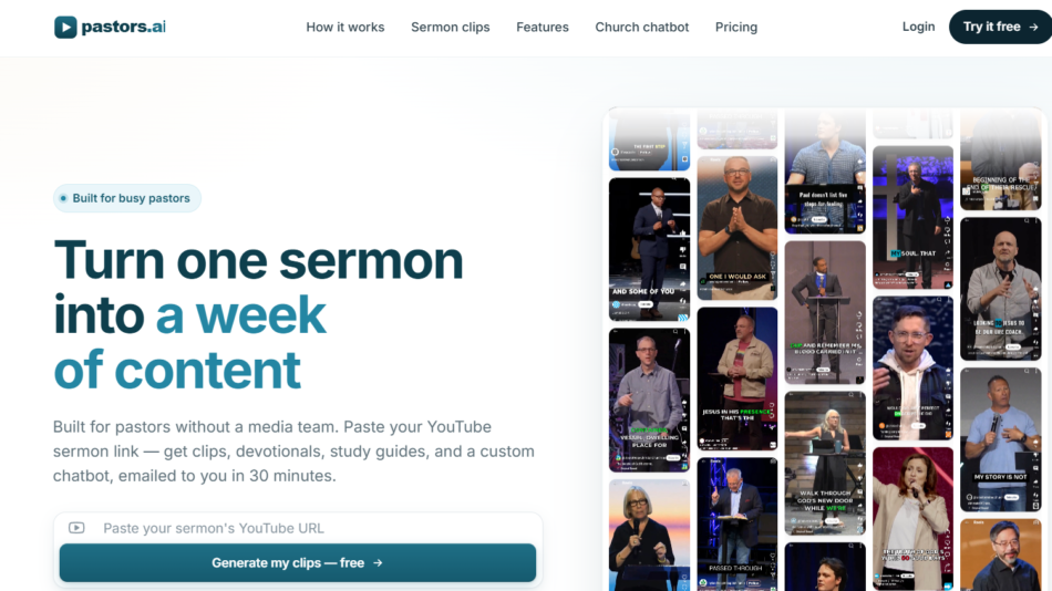 41 - Hero section: headline 'Turn one sermon into a week of content' with a collage of sermon video thumbnails on the right; badge reads 'Built for busy pastors'.