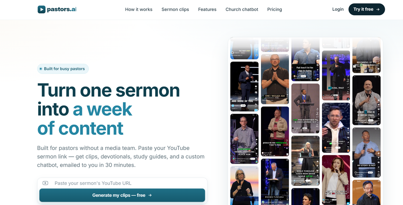 41 - Hero section: headline 'Turn one sermon into a week of content' with a collage of sermon video thumbnails on the right; badge reads 'Built for busy pastors'.