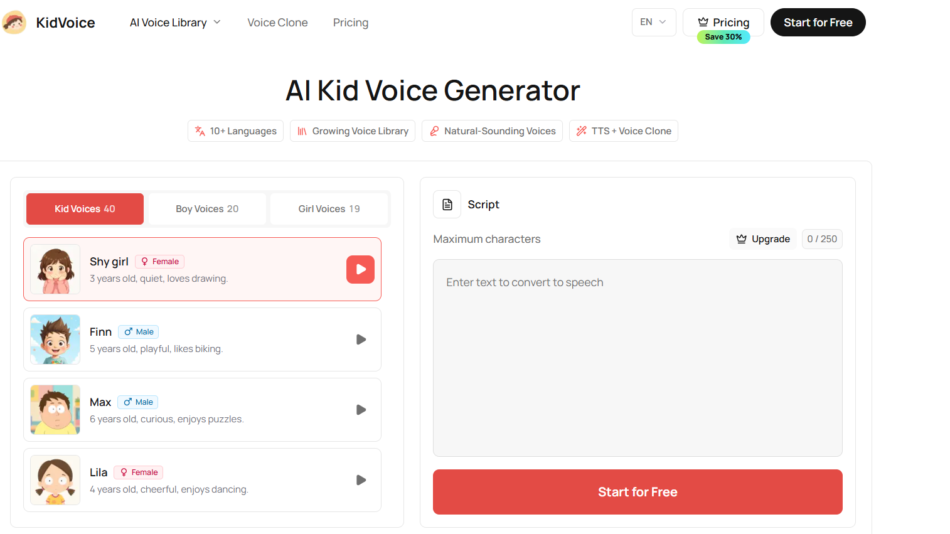 41 - Hero: AI Kid Voice Generator page with left panel of kid voices (Shy girl, Finn, Max, Lila) and right script input with Start for Free button.