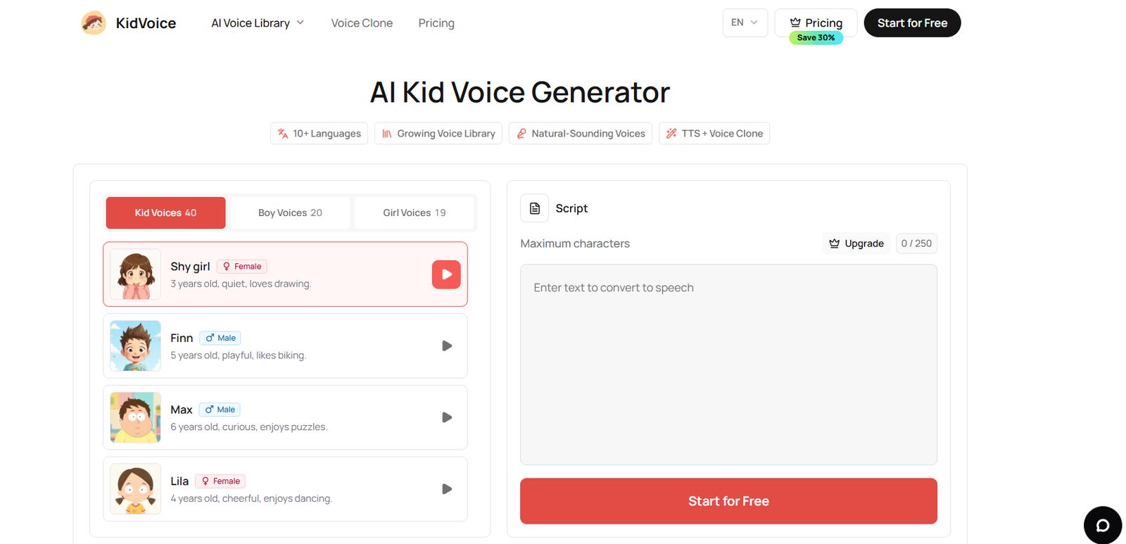 41 - Hero: AI Kid Voice Generator page with left panel of kid voices (Shy girl, Finn, Max, Lila) and right script input with Start for Free button.