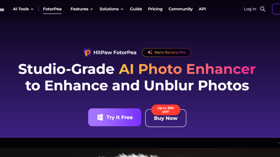 41 - Hero banner: dark gradient background with HitPaw branding and the headline 'Studio-Grade AI Photo Enhancer to Enhance and Unblur Photos' and two CTA buttons 'Try It Free' and 'Buy Now' with a red discount badge.