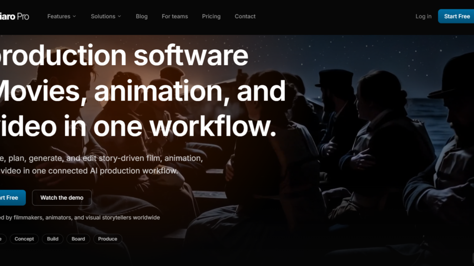 42 - Hero banner for Ciaro Pro: group of people on a boat at sunset with bold white text about production software and two CTAs: Start Free and Watch the demo.