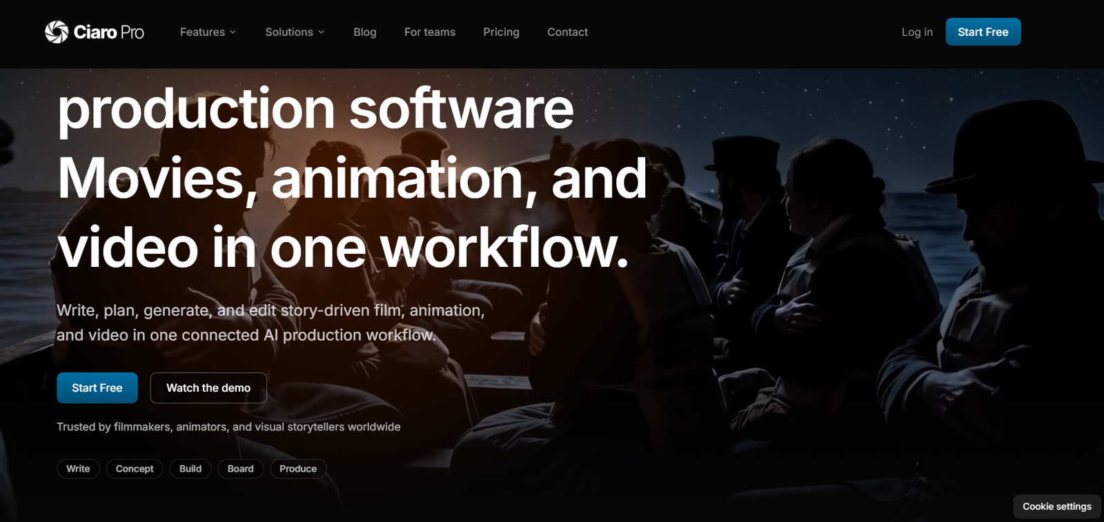 42 - Hero banner for Ciaro Pro: group of people on a boat at sunset with bold white text about production software and two CTAs: Start Free and Watch the demo.