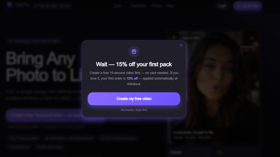 42 - Promo modal with a gift icon announcing 15% off your first pack; purple gradient button says 'Create my free video'.