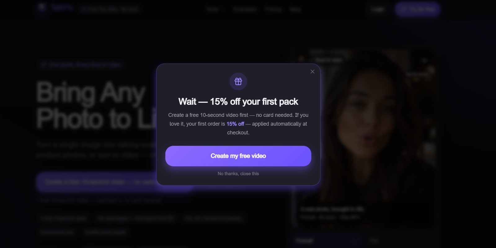 42 - Promo modal with a gift icon announcing 15% off your first pack; purple gradient button says 'Create my free video'.