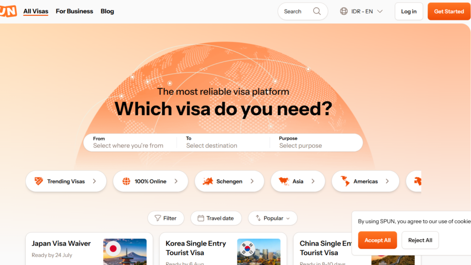 42 - Hero banner with peach globe graphic and the question 'Which visa do you need?'; search fields labeled From, To, Purpose visible beneath the title.