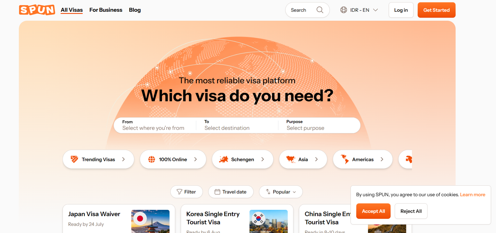 42 - Hero banner with peach globe graphic and the question 'Which visa do you need?'; search fields labeled From, To, Purpose visible beneath the title.