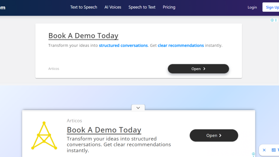 42 - TTsFree header with navigation and a white promotional banner reading 'Book A Demo Today' with an 'Open' button