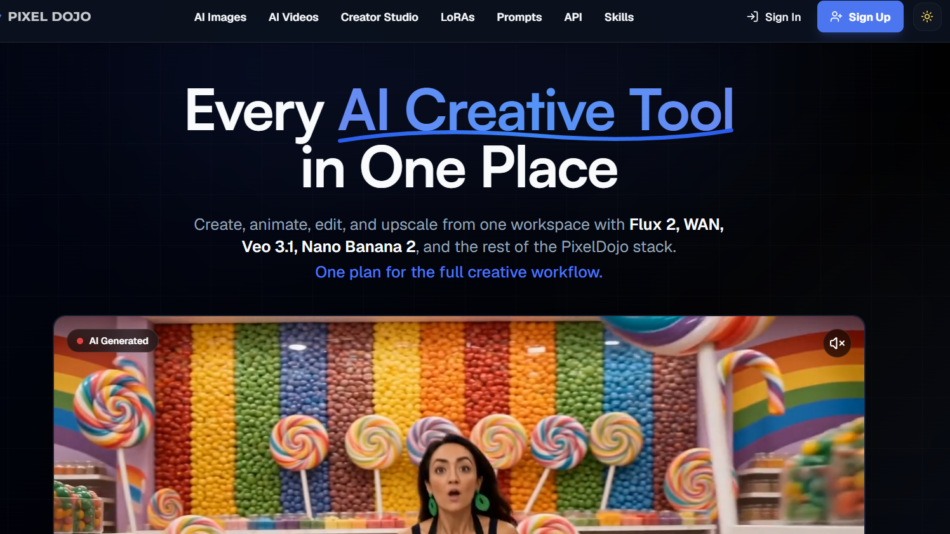 42 - Hero banner with dark grid backdrop and bold headline: 'Every AI Creative Tool in One Place' in white and blue, plus a large video thumbnail featuring a colorful candy shop scene.