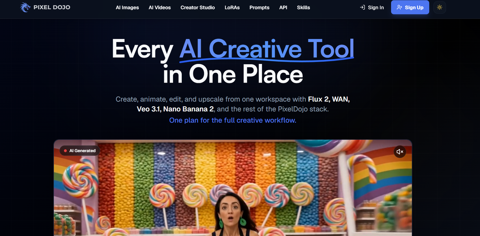 42 - Hero banner with dark grid backdrop and bold headline: 'Every AI Creative Tool in One Place' in white and blue, plus a large video thumbnail featuring a colorful candy shop scene.