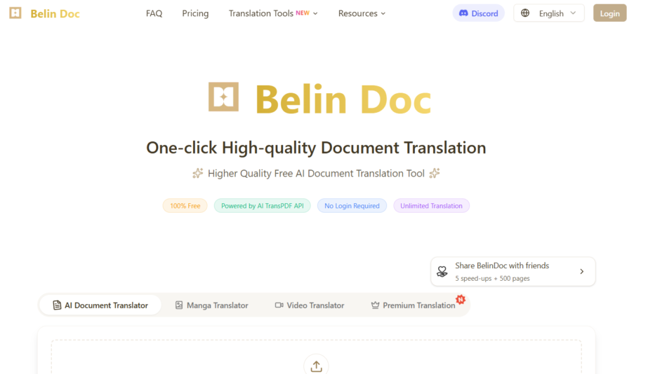 43 - Hero banner for Belin Doc with logo and large 'Belin Doc' title, subtitle 'One-click High-quality Document Translation' and feature badges in the header navigation area
