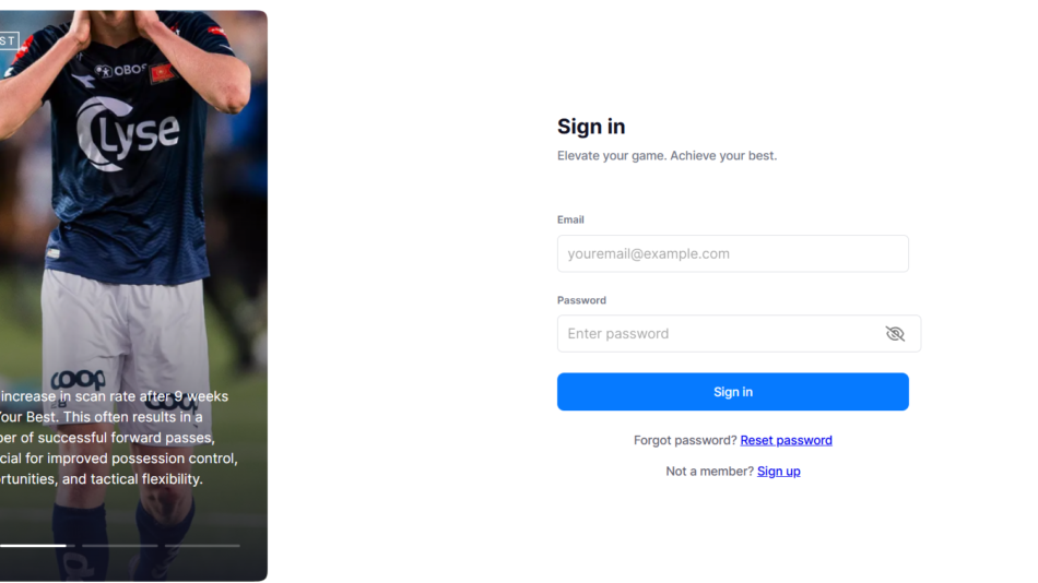 43 - Athlete in a blue jersey on the left with a 28% stat and descriptive text; sign-in form on the right.